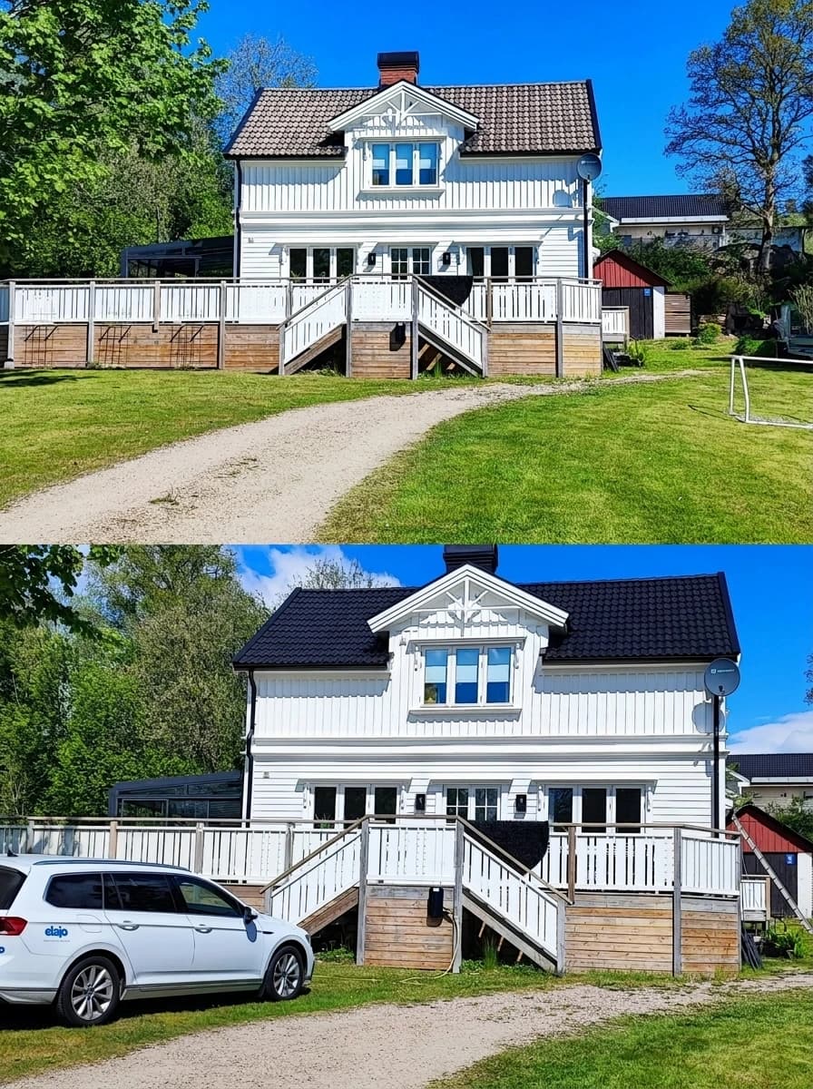 Tekniker utför skonsam taktvätt med soft wash på ett tegeltak
